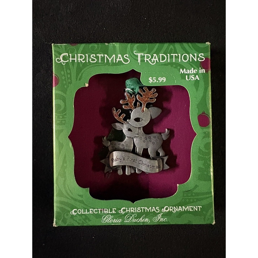 Gloria Duchin Babys First Christmas Reindeer Pewter Ornament Made in USA NEW